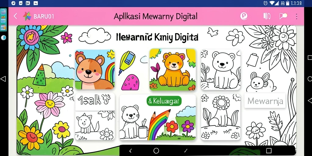 Antarmuka aplikasi BARU01 yang menarik dan penuh warna untuk mewarnai.