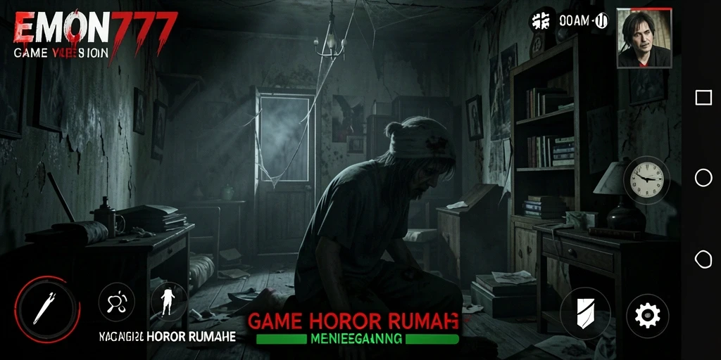 Antarmuka pemandangan mencekam dalam game Horor Rumah.