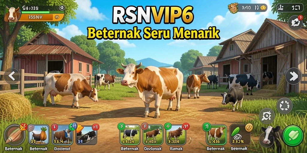 Antarmuka menarik dari game Beternak RSNVIP6 dengan berbagai fitur.